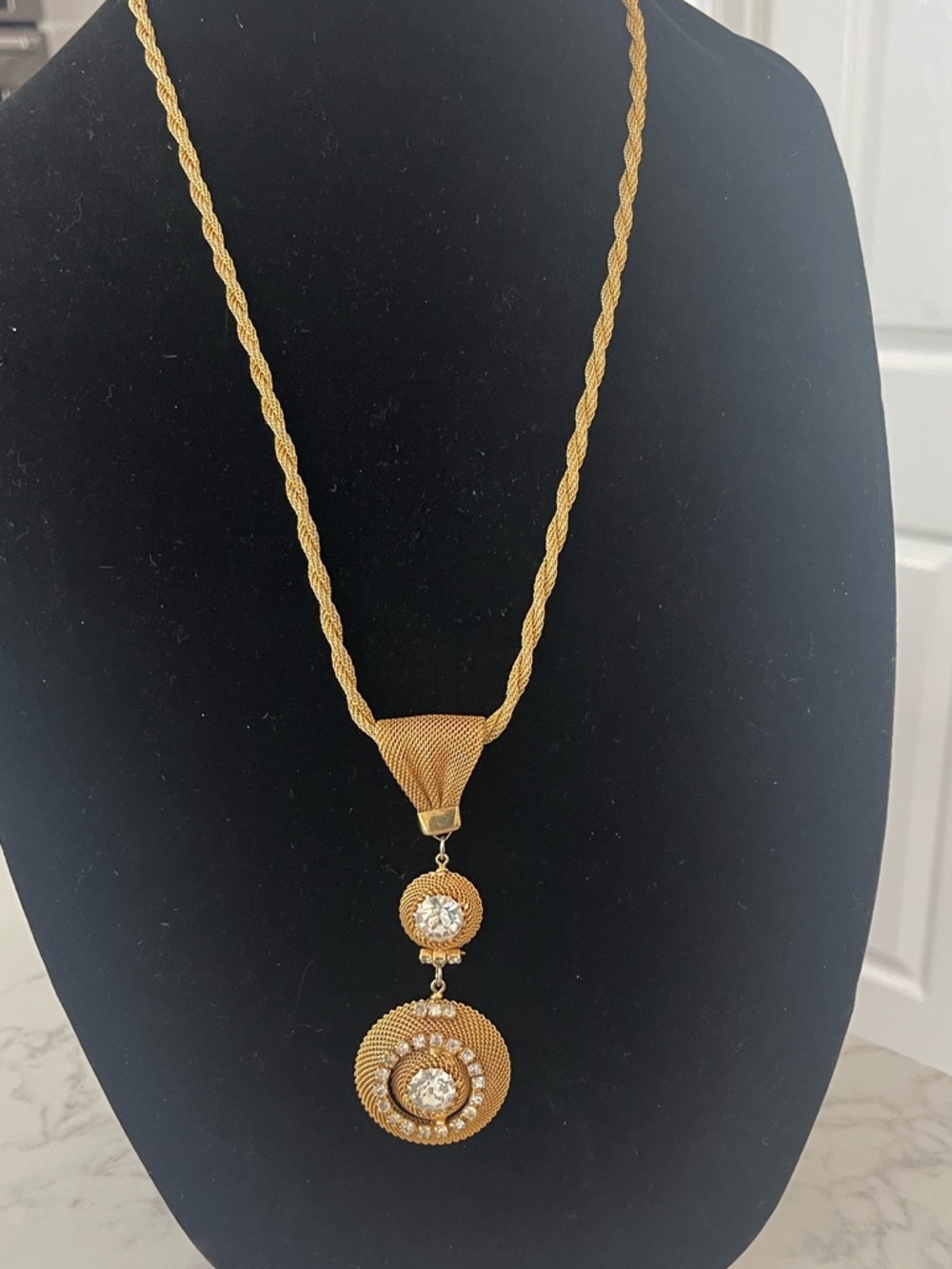 VTG 1960s Gold Mesh Rhinestone Tiered Statement Pendant Necklace MidCentury Mod